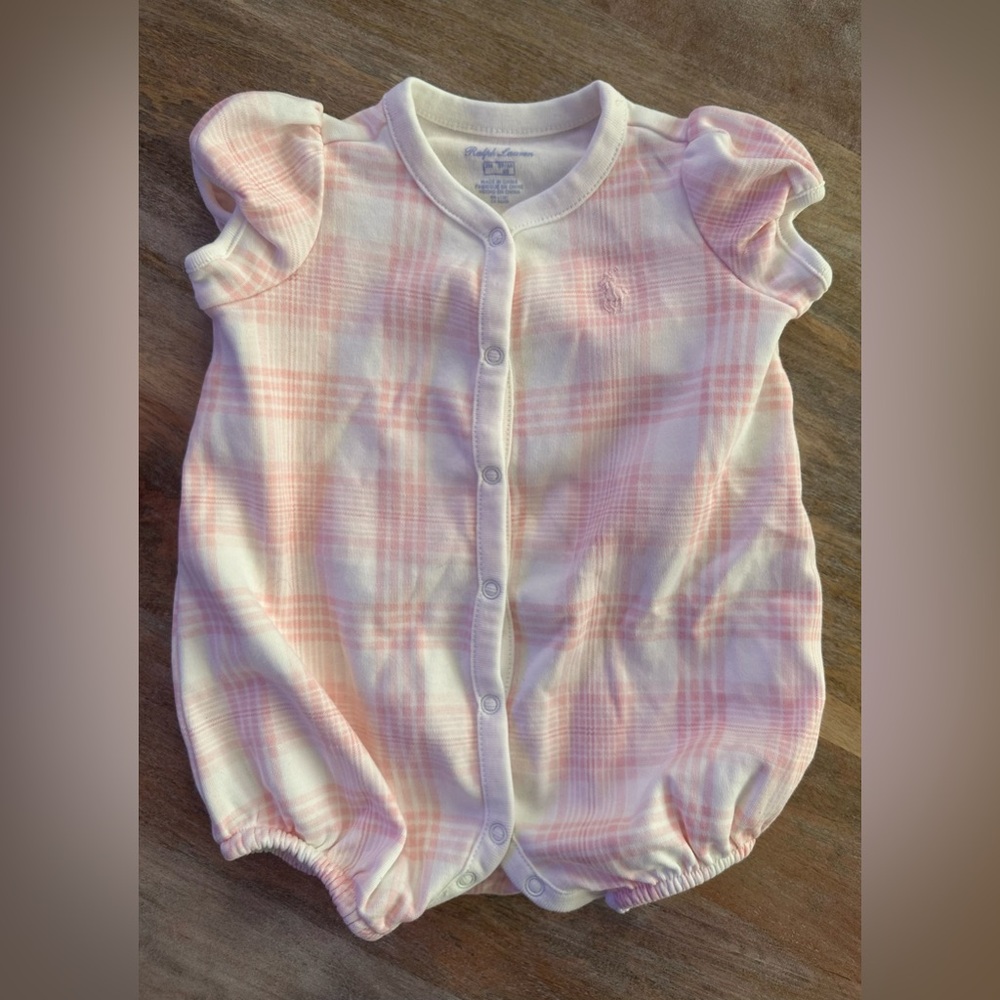 Ralph Lauren Baby Girls Pink & White Plaid Romper Onesie